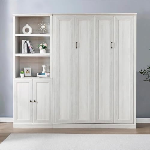 MERITLINE Queen Size Murphy Bed with Storage Bookcase Shelves,Cabinet and Charging Station,Wood Folding White Murphy Wall Bed