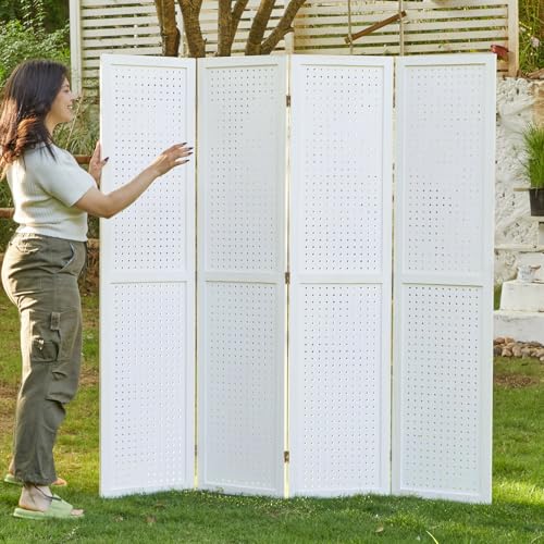 Pegboard Display, 5.6Ft Wooden Room Divider Folding Privacy Screens Portable Freestanding Wall Organizer for Retail Craft Art Display Board (4panels