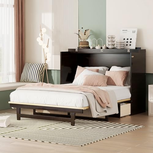 KEIKI Queen Size Cabinet Murphy Bed with Charging Station and Drawer, Multiple Storage Foldable Hideaway Wall Murphy Bed Frame with Solid Slat