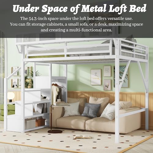Full Size Loft Bed with Desk and Stairs, Heavy-Duty Steel Loft Bed Frame with Wardrobe & LED Light