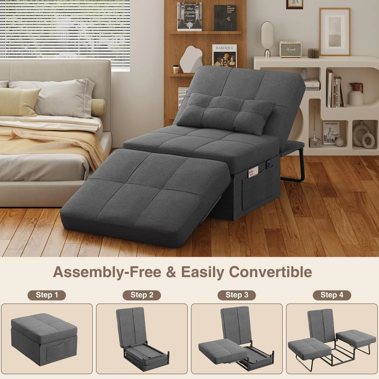 4 in 1 Sofa Bed, Sleeper Chair Bed Convertible Chair, Assembly-Free Sofa Chair Bed with Adjustable Backrest Breathable Linen
