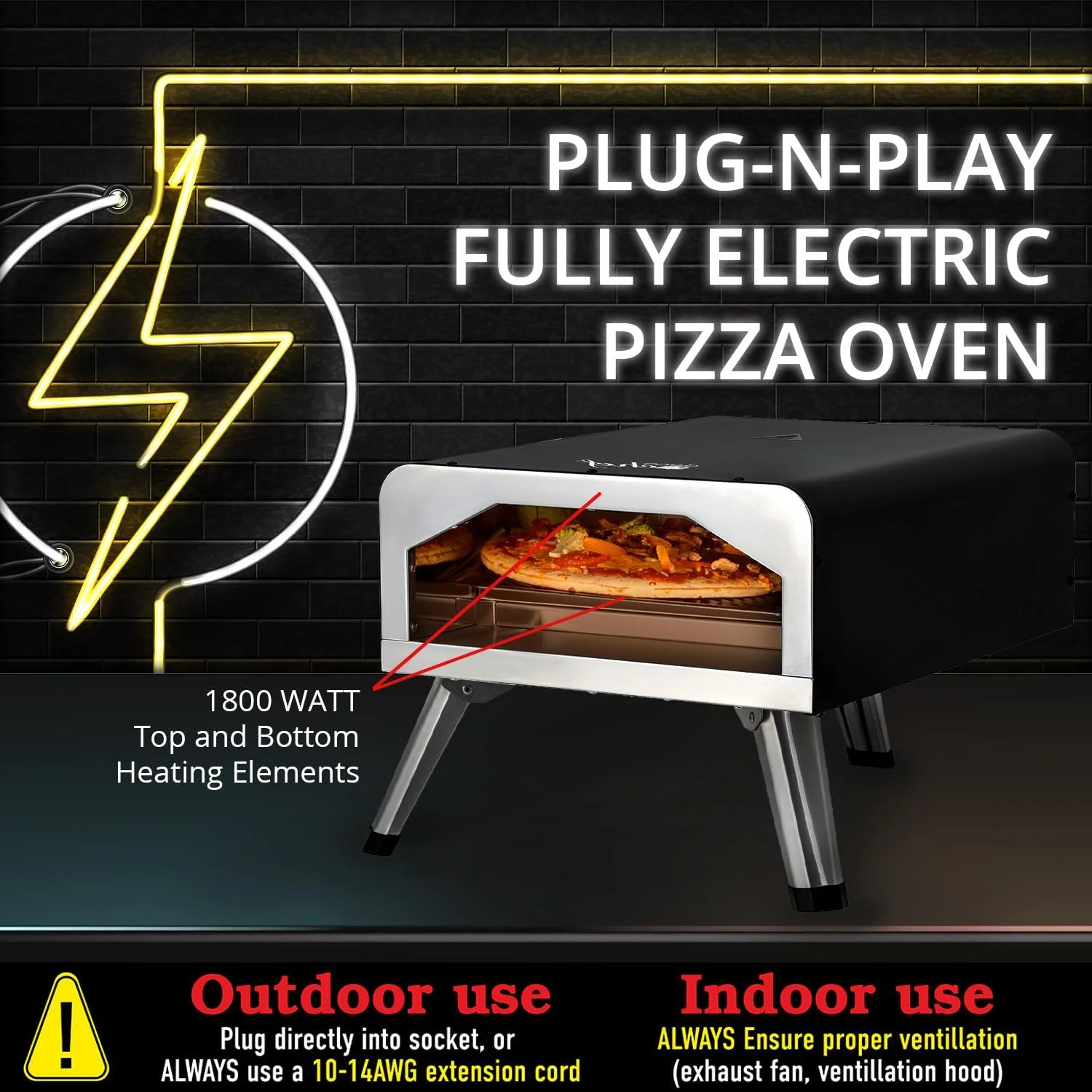 Electric Pizza Oven, 12-Inch Ceramic Stone and Grill, 1800W, Bakes up to 750 Degrees for Countertop  Style Pizza, 13" Double Wall Stainless Steel