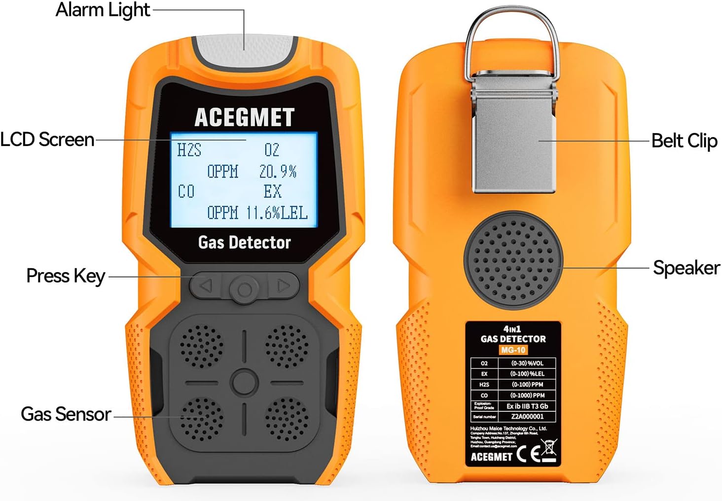 Gas Detector, ACEGMET 4 Gas Monitor Multiple Indicator (Vibration, Audible, Visual) H2S, O2