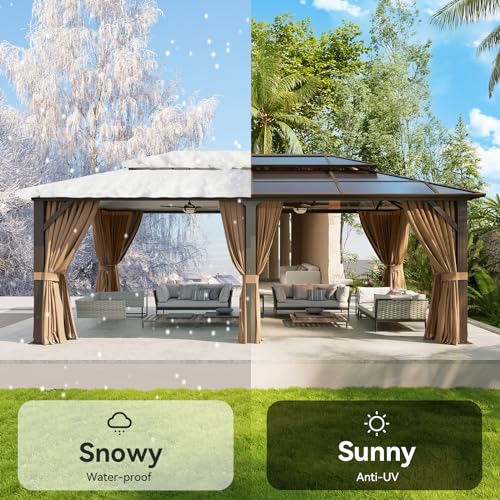 Aoxun 12'x10' Hardtop Gazebo, Aluminum Frame Permanent Pavilion with Curtains and Netting, Outdoor Polycarbonate Double Roof Canopy