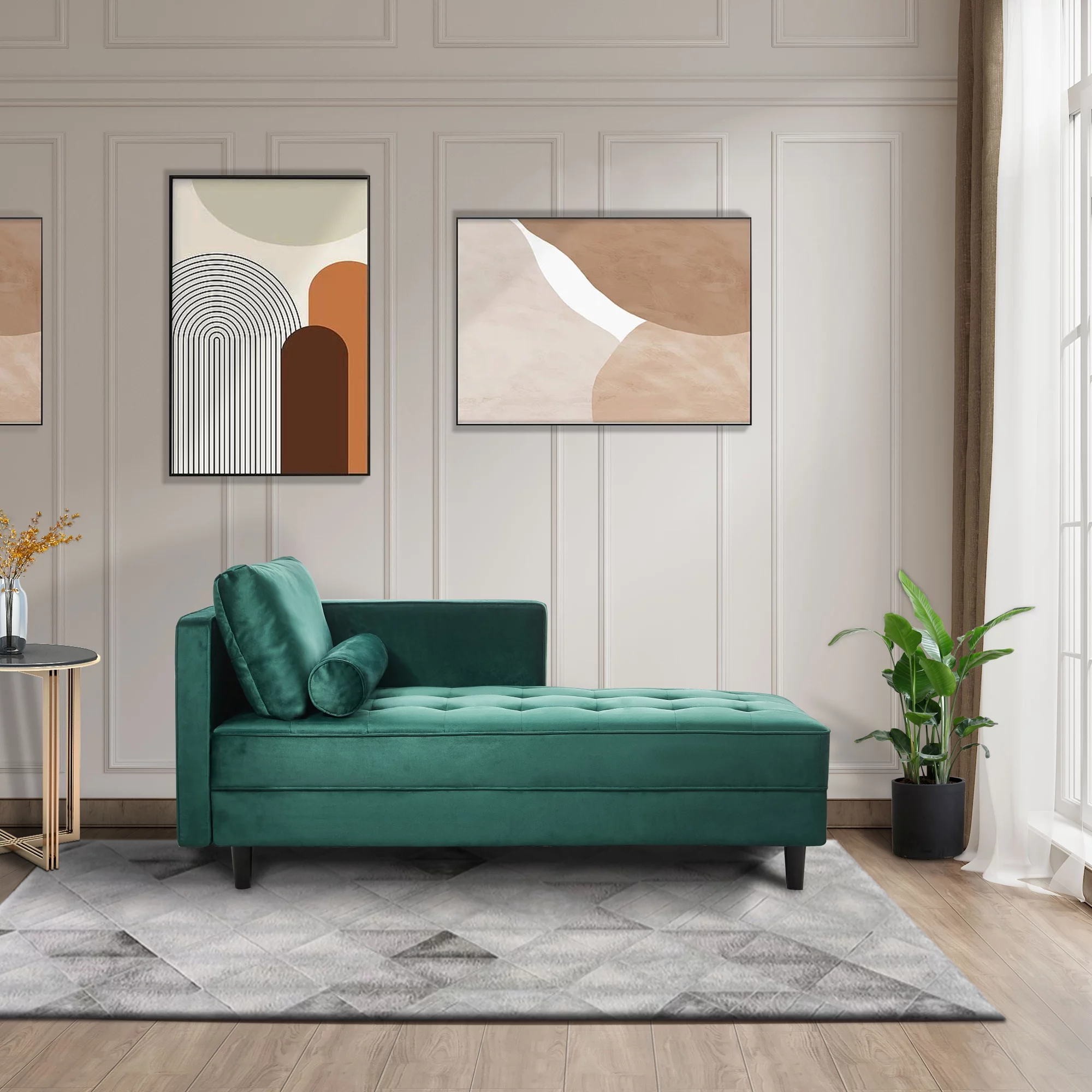 64" Velvet Chaise,Mid-Century Modern Chaise Furniture,Sleeper for Living Room,Apartment,Tool-Free Assembly. (Green)