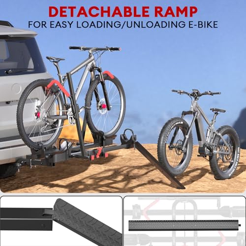 Hitch 2 EBike Rack with Ramp, 170lbs Capacity Foldable Electric Bike Carrier for 2 Heavy Ebike, Up to 5" Fat Tire Bicycle for 2" Receiver for Car