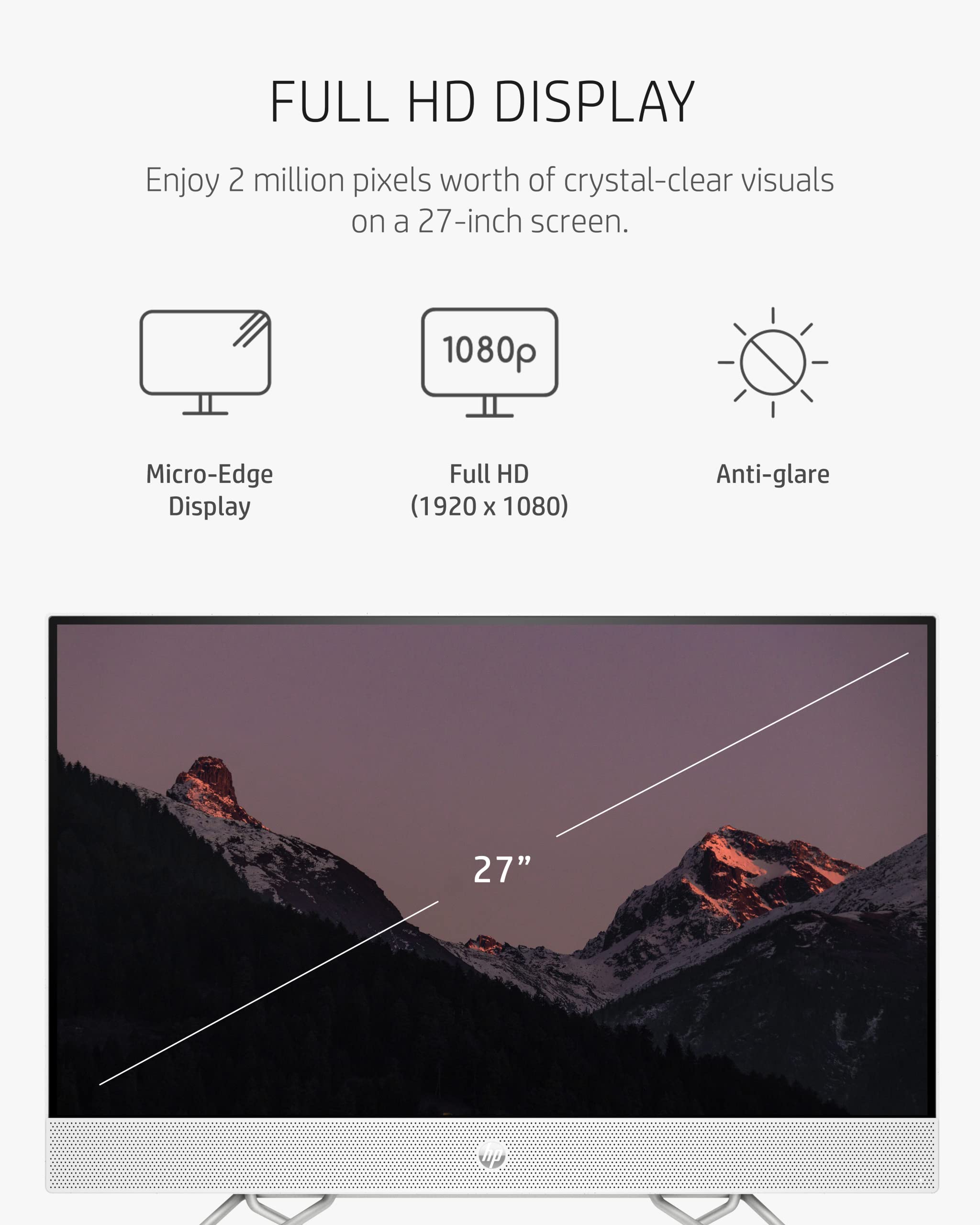 HP 27” All-in-One Desktop PC, AMD Ryzen 7 5700U, 12 GB RAM, 256 GB SSD & 1 TB Hard Drive, Full HD IPS Display, Windows 11 Pro, 720p Privacy Webcam