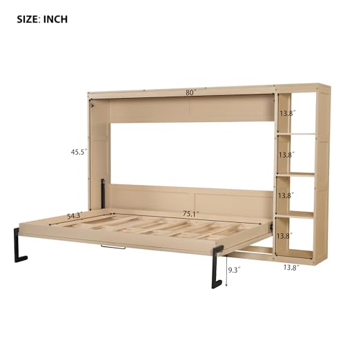 Wooden Murphy Cabinet Bed Frame with Charging Station, Full-Size Foldable Wall Bed with Large Storage Drawer for Home Apartment Limited Living Places