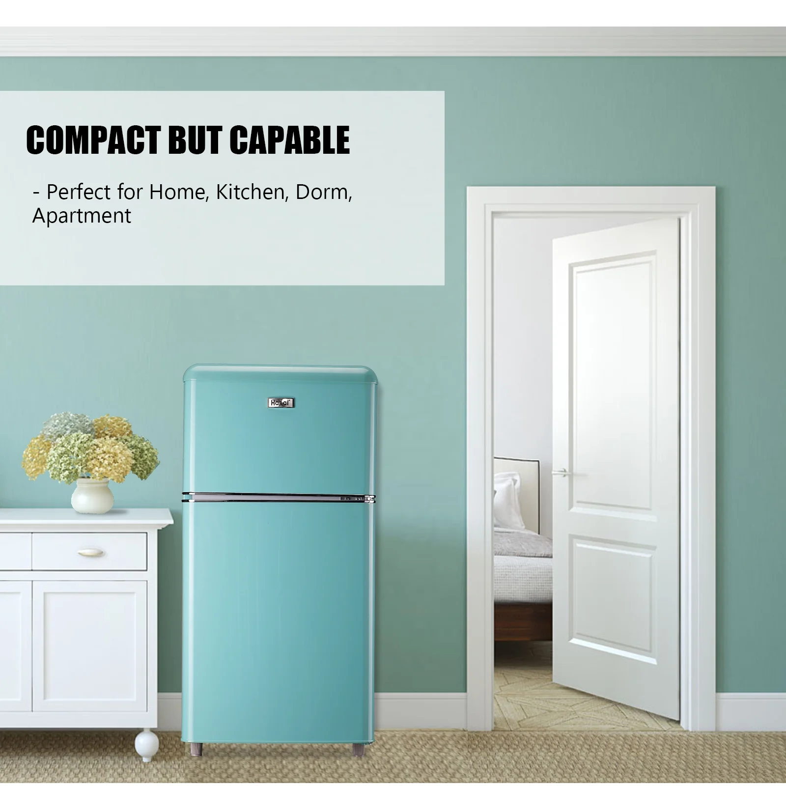 Compact Refrigerator Mini Fridge with Freezer, 3.2 Cubic Feet Retro Dual Door Small Refrigerator by WANAI with 7 Temp Modes, LED Lights