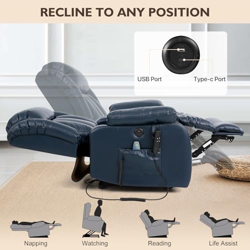 EDILLY Large Genuine Leather Power Lift Recliner Chairs for Elderly, Dual Motor with Massage and Heating,Double Lumbar Cushion and Extended Footrest
