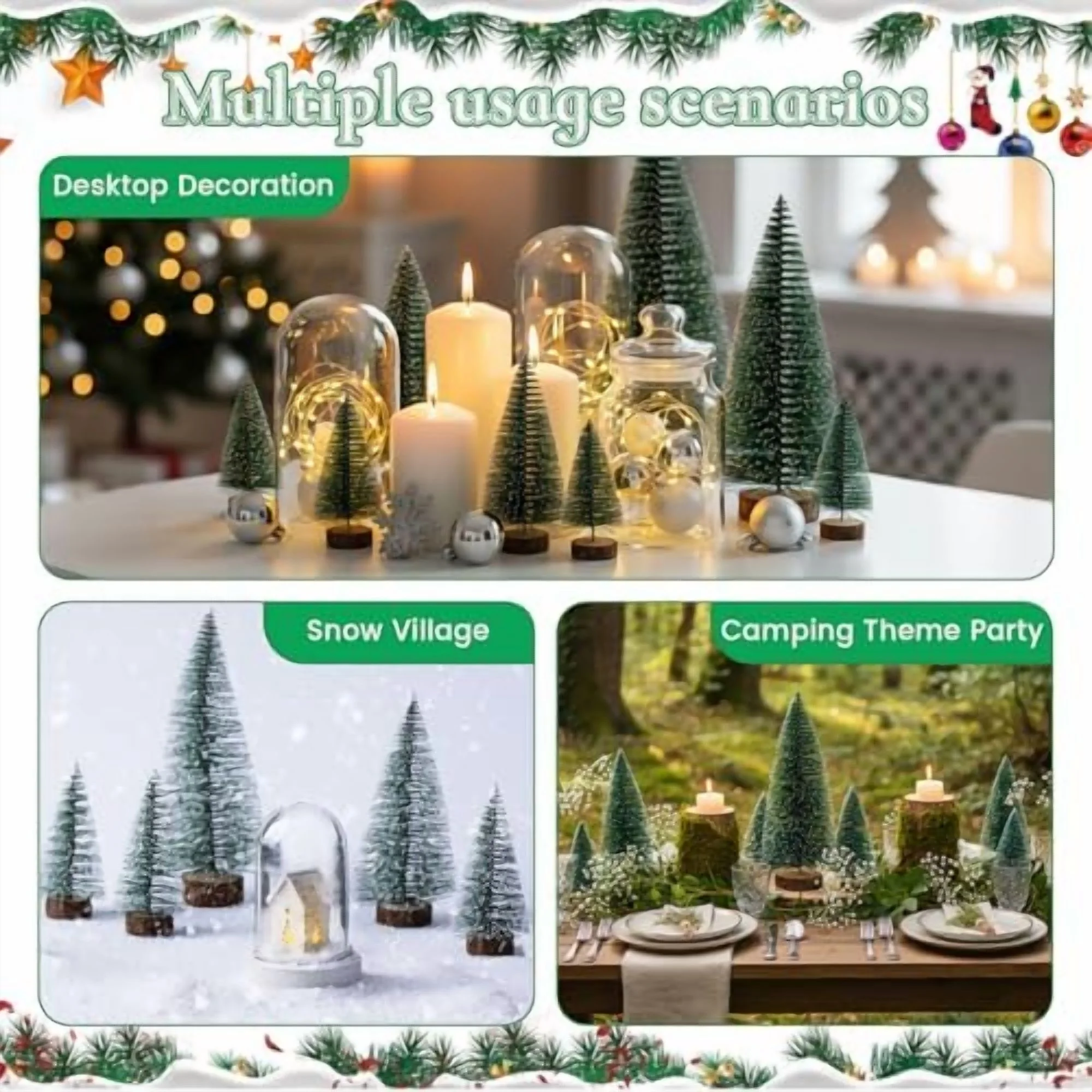 24 Pcs Bottle Brush Christmas Trees in 3 Size 18 Desktop Miniature Christmas Trees with 6 Nature Unfinished Round Wood Slices Table Decorations for
