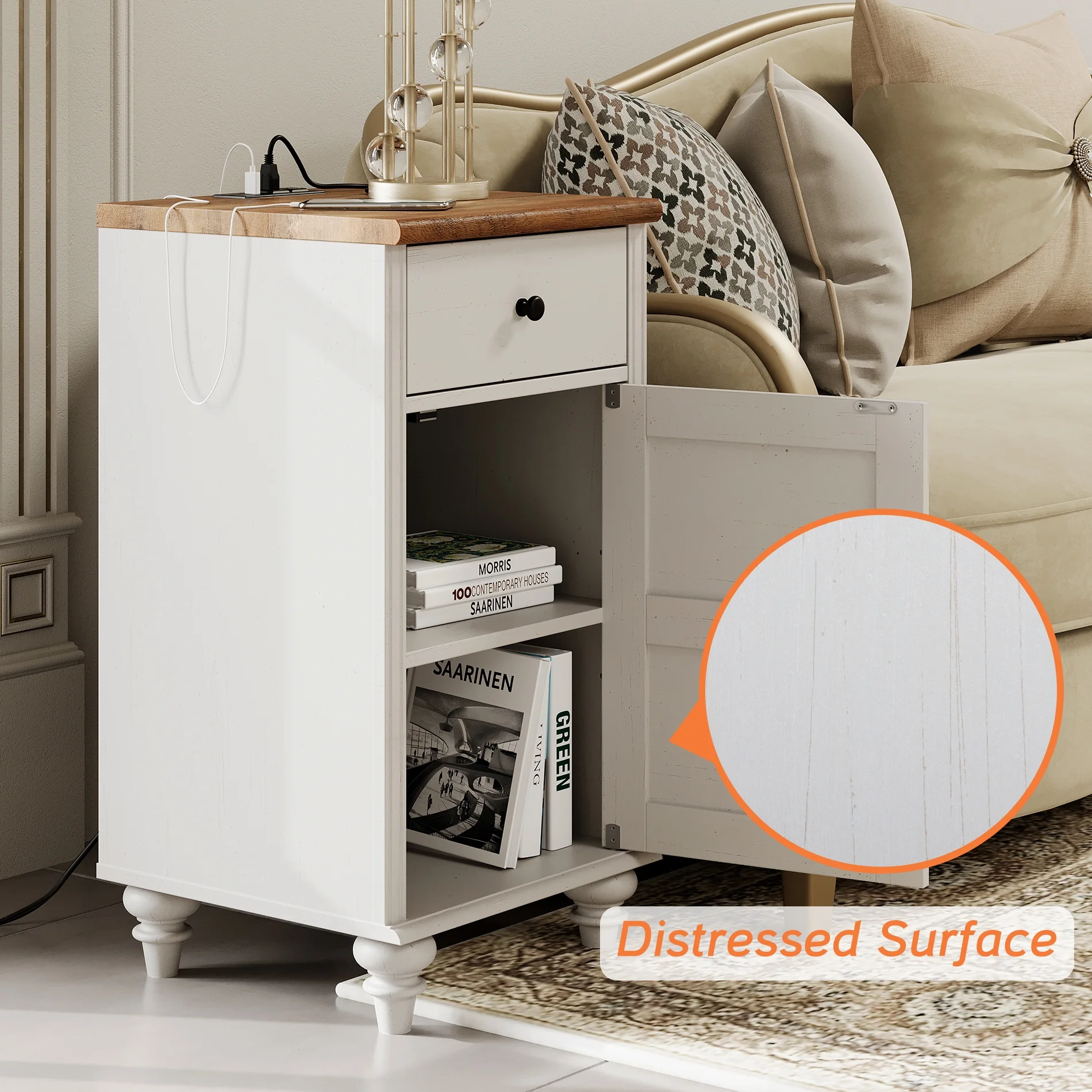 Set of 2 Nightstand with Charging Station, Bedside Table Built-in Outlets, Wood End Table with Drawer and Storage for Living Room, Bedroom,Off-White
