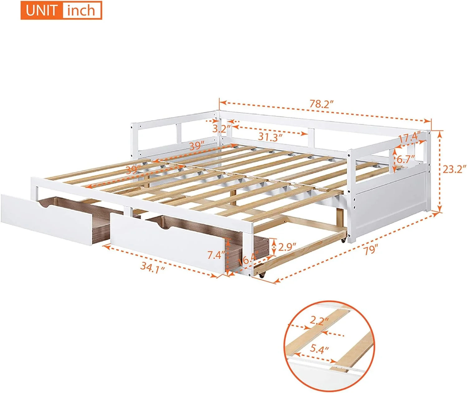 Wooden Daybed With Trundle Bed And Two Storage Drawers Extending Bed Daybed For Adult And Kids. Wooden Daybed With Storage Drawers To King Design. No