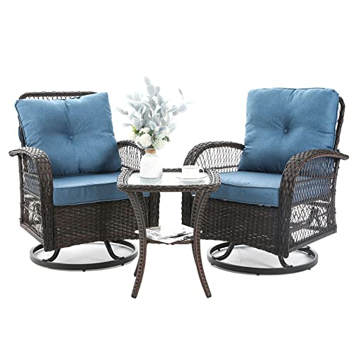 3 Pieces Patio Furniture Set, Outdoor Swivel Glider Rocker, Wicker Patio Bistro Set with Rocking Chair, Thickened Cushions and Table for Porch (Blue)
