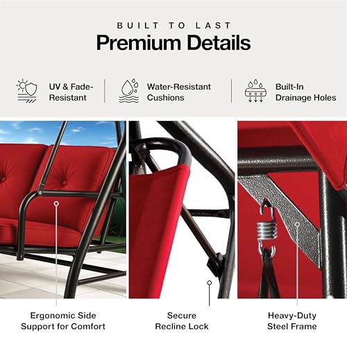 Porch Swing - 3-Seat Patio Outdoor Swing with Canopy for Adultes, Convertible Glider Bed, Thick Removable Cushions & Pillows for Backyard, Porch