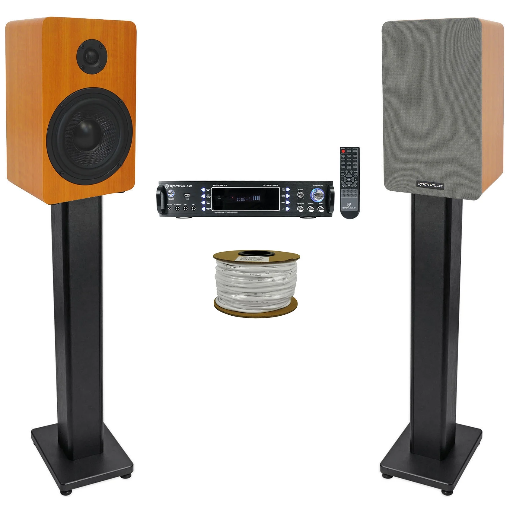 Rockville RPA60BT Receiver+(2) 5.25" Wood Bookshelf Speakers+36" Wood Stands + Rockville R14GSBR100 Red/Blk 14 Gauge 100' Ft. Mini Spool Car Audio