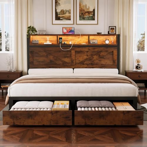 Farmhouse Full Bed Frame with Bookcase Storage Headboard, Charging Station, LED Light and 2 Storage Drawers, Noise Free, No Box Spring Needed, Brown