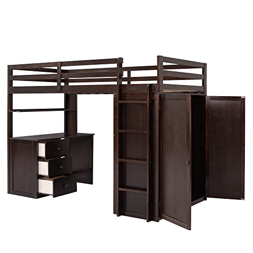 Harper & Bright Designs Full Loft Bed with Desk and Wardrobe,Solid Wood Loft Bed Frame Full with Storage Drawers for Kids Teens Adults