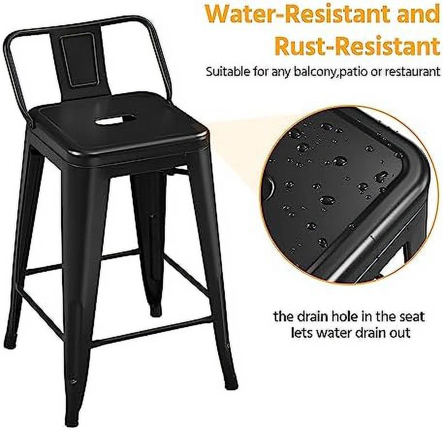 NLTBONNIE 26 inch Metal  Stools Set of 4 Counter Height Barstools with Low Back Indoor Outdoor Kitchen Stools Modern Industrial  Chairs Matte Black