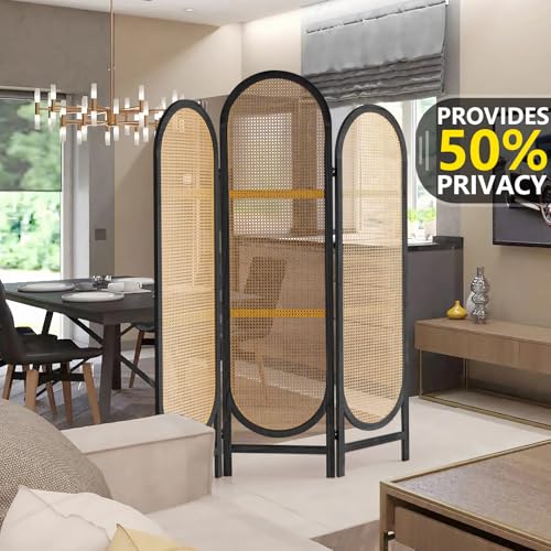 5.9 Ft Tall Hand-Woven Rattan Room Divider 3 Panels, Wood Room Divider Panel, Folding Screen Divider Wall, Wall Divider for Room Separation