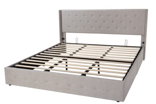 Allewie Full Size Lift Up Storage Bed, Modern Wingback Headboard, Hydraulic Support, No Box Spring Needed, Light Beige