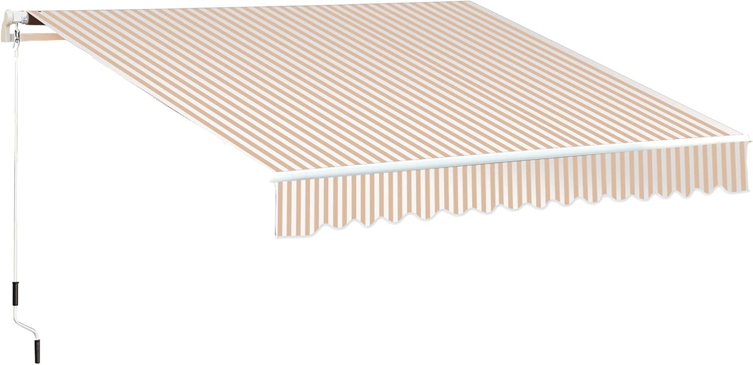 Outsunny 13' x 8' Manual Retractable Sun Shade Patio Awning with Durable Design & Adjustable Length Canopy, Beige Stripes