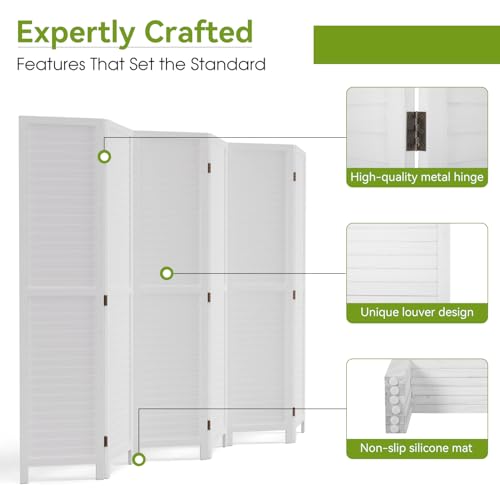 Room Divider 6 Panel Wood Privacy Screen Folding Partition Wall Room Dividers Freestanding White 5.57 FT Tall Divider for Room Separation