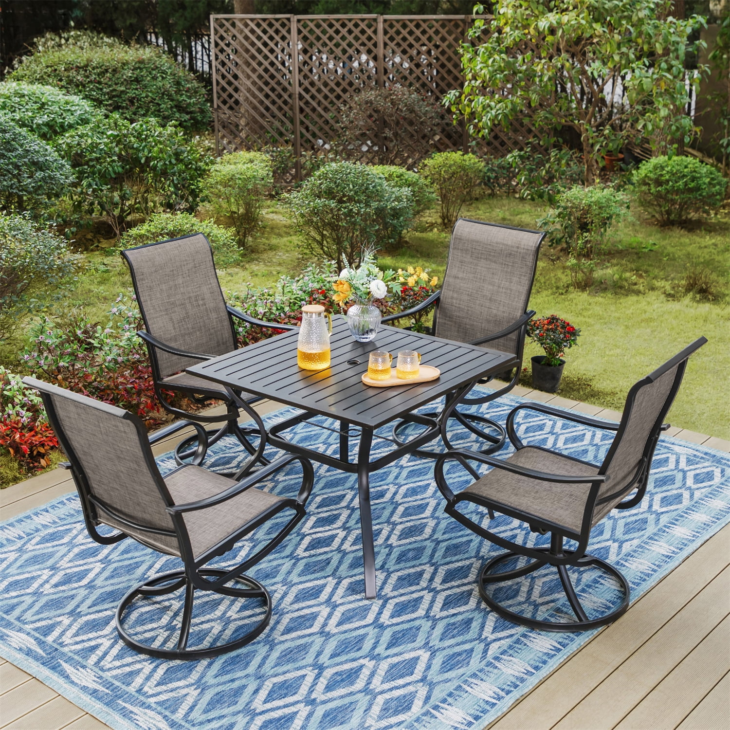 MF Studio 5 Pieces Outdoor Patio Dining Set Metal Furniture Set with Square Table and Swivel Padded Chairs for 4 person, Gray