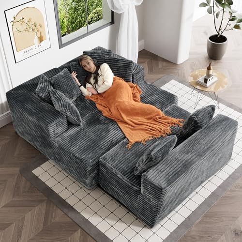 131" Modular Sectional Sofa Cloud Couch, Corduroy Memory Foam Black Sectional Couches for Living Room, Modern Deep Seat Boneless Sofa