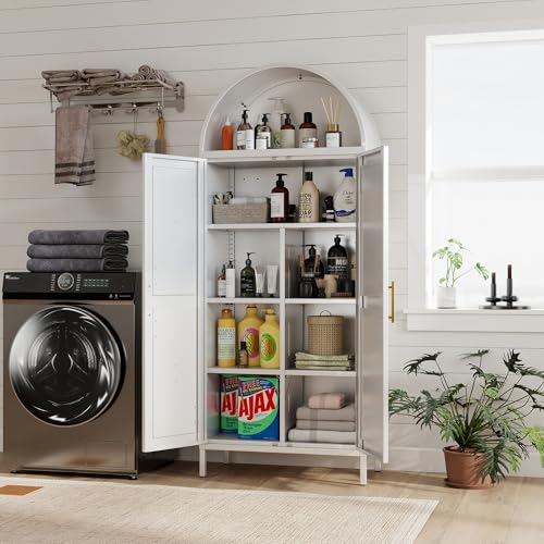 Tall Kitchen Pantry Cabinet, Metal Display Storage Cabinets with 4 Doors/2 Drawers for Kitchen Home Office Living Room, Assembly Required