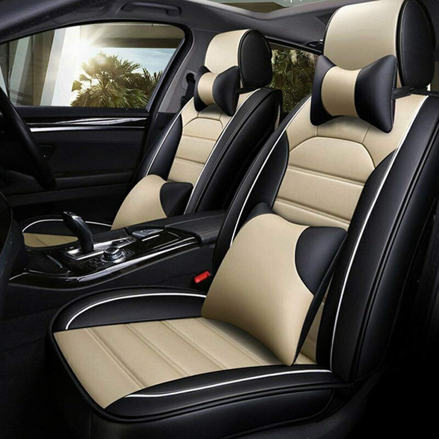 TYFYB Universal 5 Seats Wearproof PU Leather Car Seat Cover Full Set Seat Pad Protector Set Front + Rear Cushions w/Pillows Black/Beige