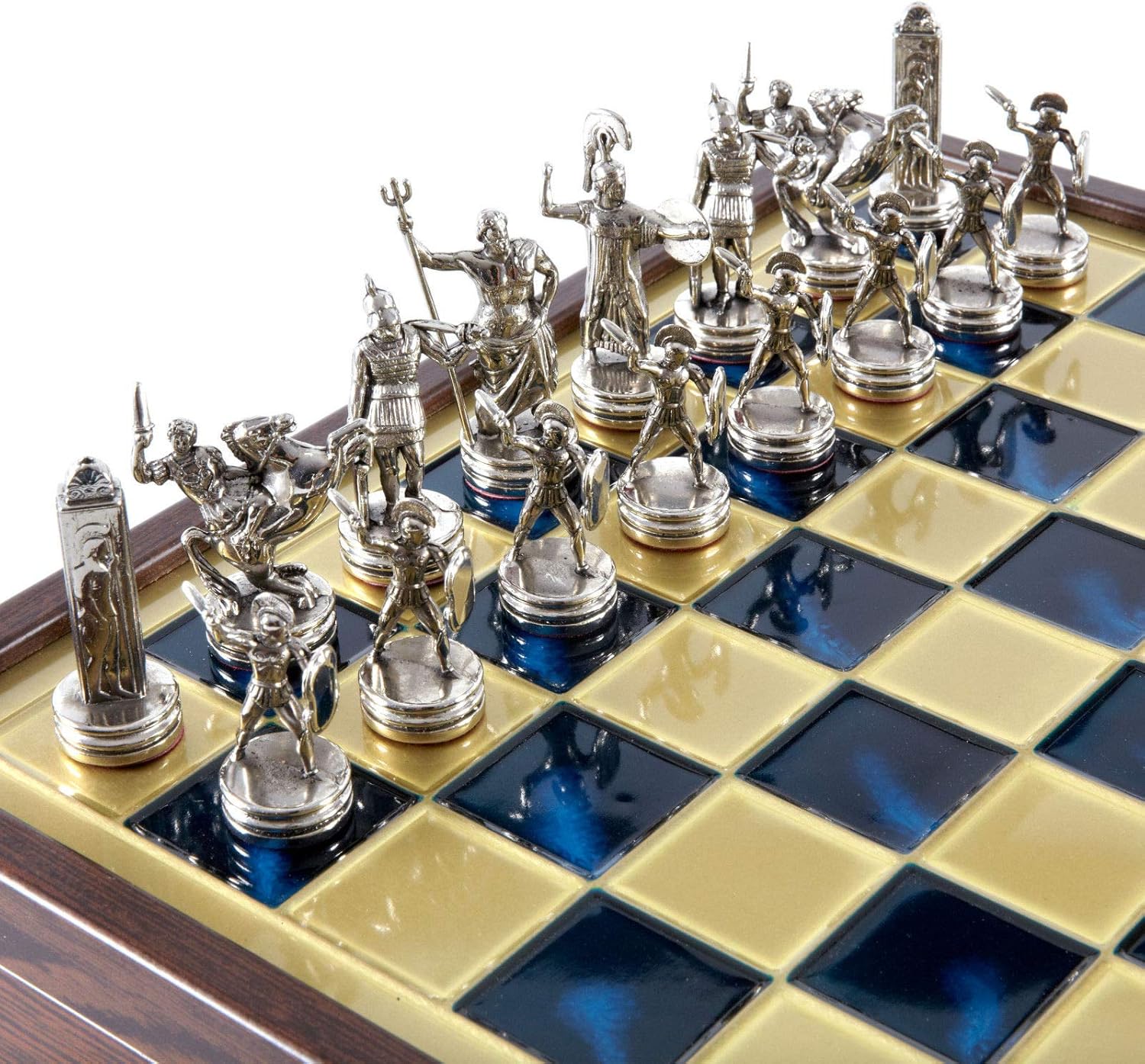 Manopoulos Greek Mythology Chess Set - Brass&Nickel - Wooden case Blue Board