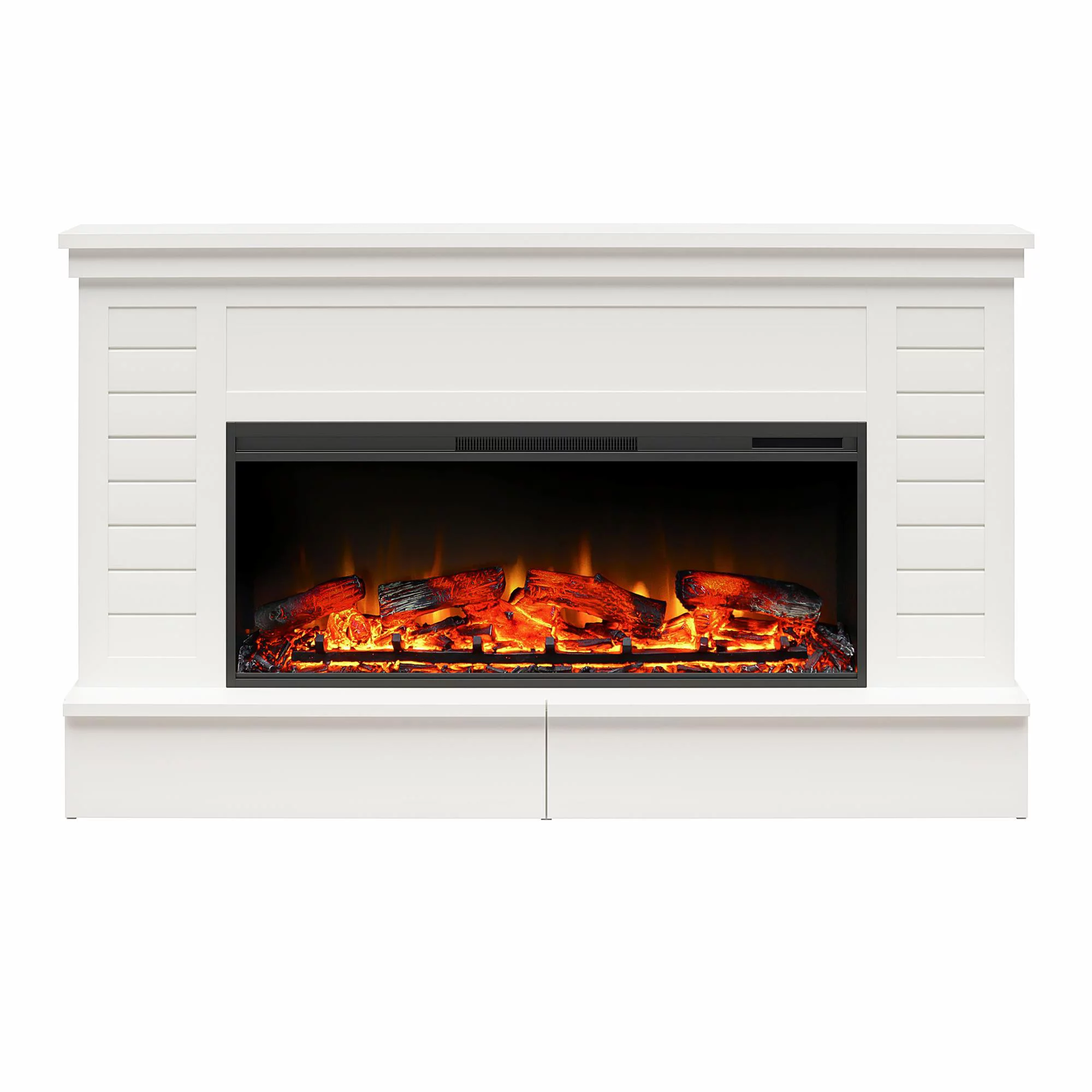 Ameriwood Home Heritage Place Wide Shiplap Mantel with Linear Electric Fireplace and Storage Drawers, White