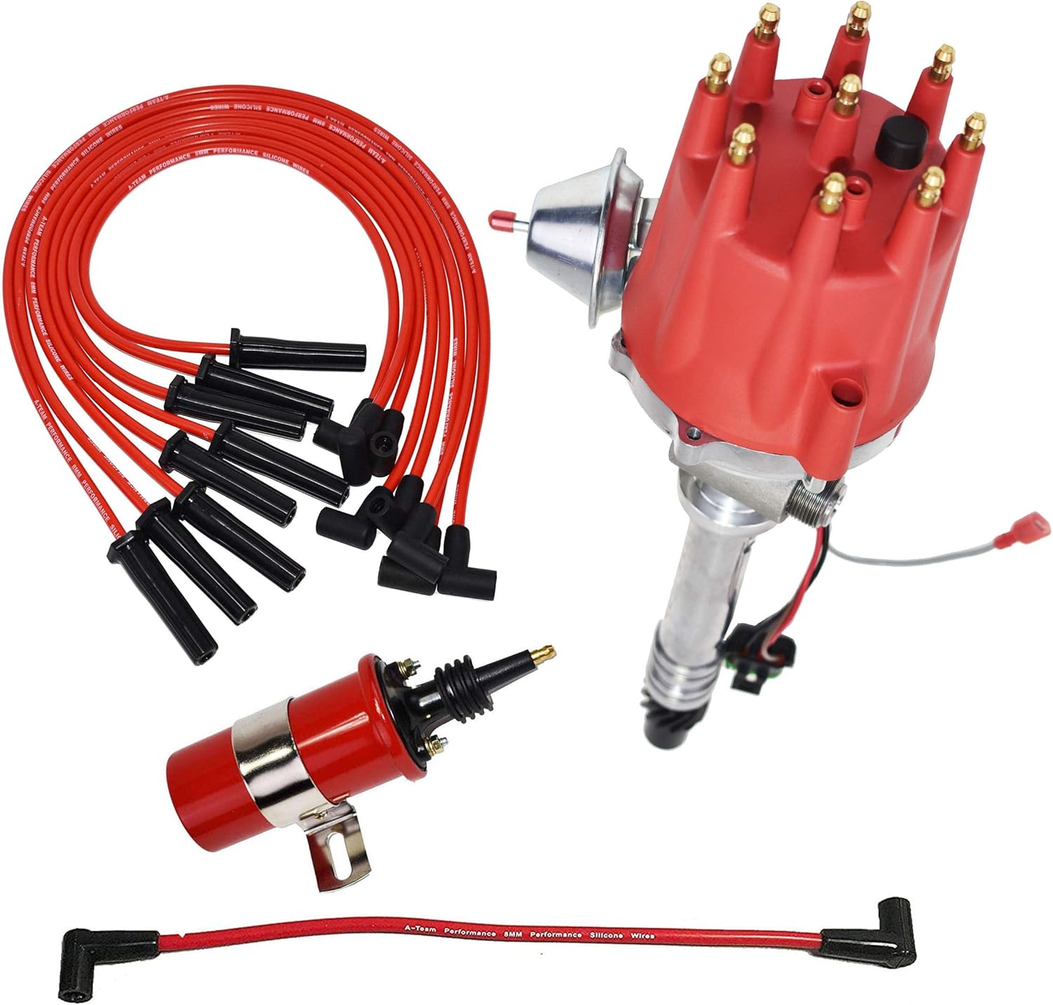 A-Team Performance Pro Series R2R Distributor, 8.0mm Spark Plug Wires, & 45K Volt Coil Compatible With Chevy Corvette BBC Tach Drive 396, 402, 427
