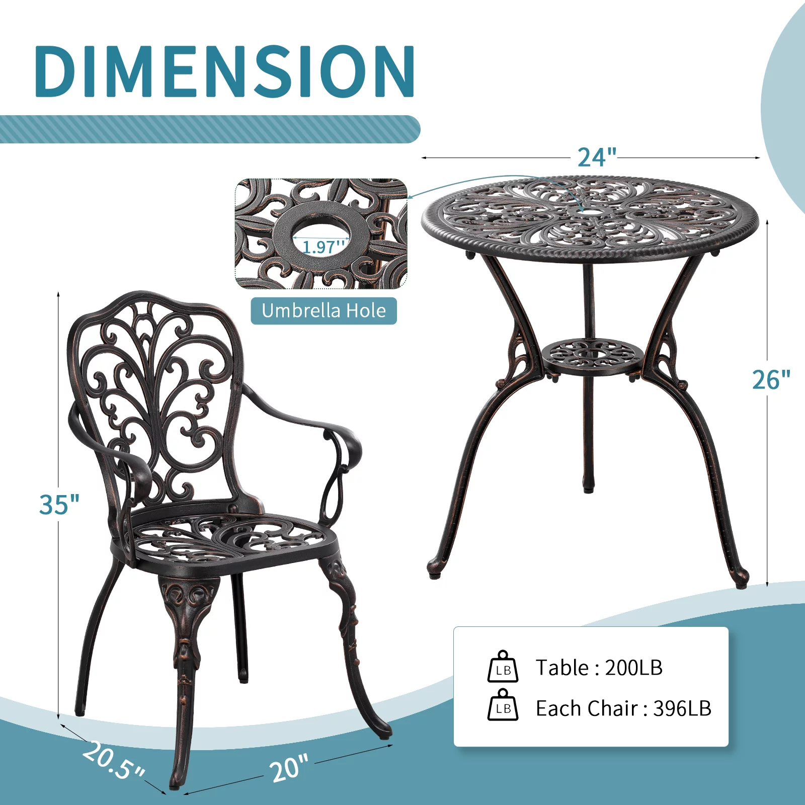 Withniture 3-Piece Bistro Table and Chairs Set of 2 Outdoor Furniture Patio Bistro Set, Bronze