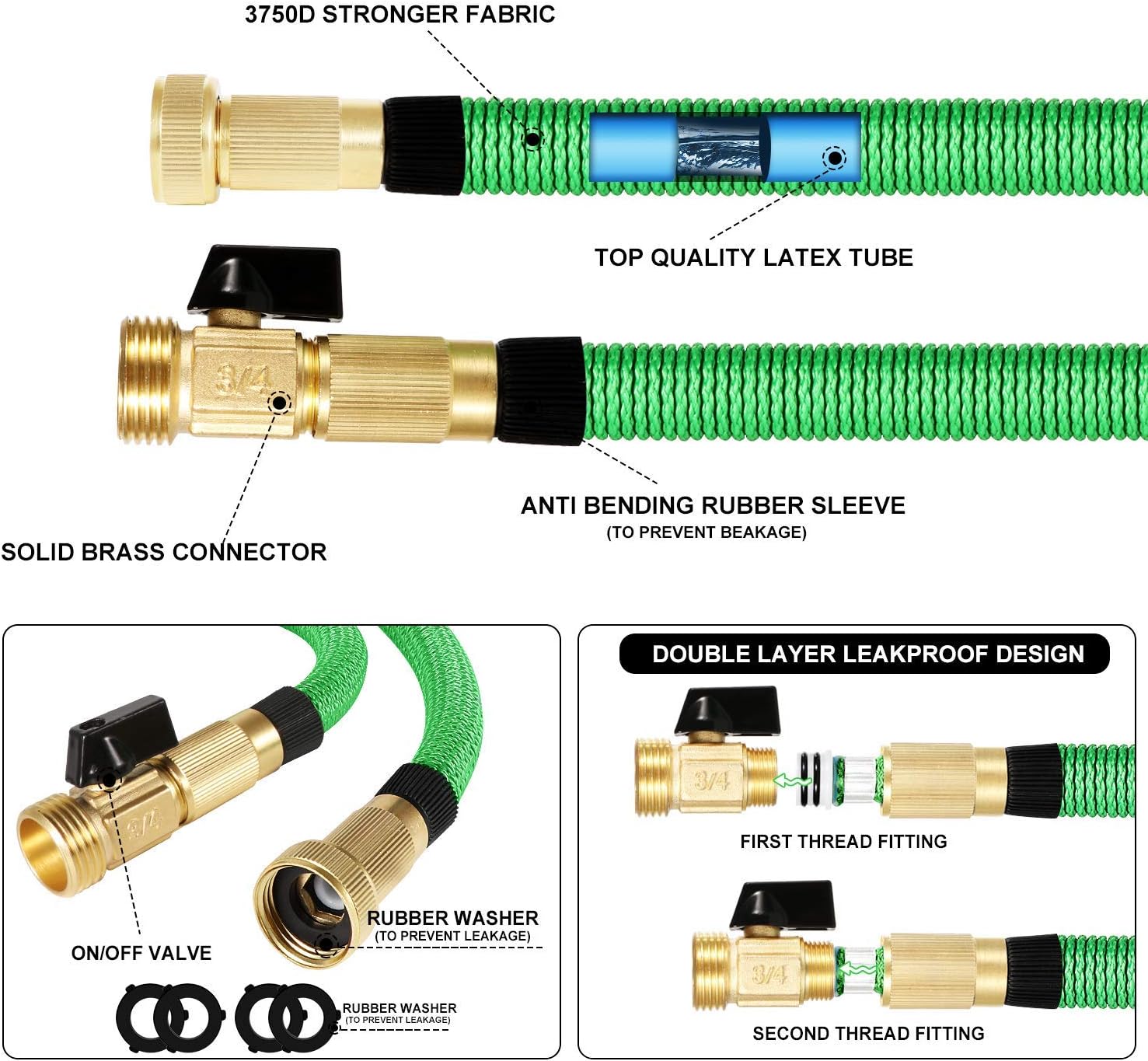 100 ft Garden Hose Upgraded Expandable Hose, Durable Flexible Water Hose, 9 Function Spray Hose Nozzle, 3/4" Solid Brass Connectors