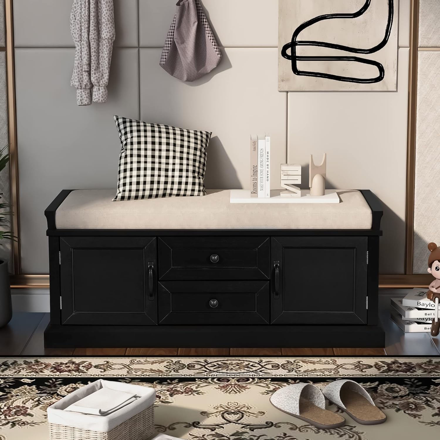 NicBex Storage Bench with 2 Drawers and 2 Cabinets Modern Seat Bench with Storage and Seating Bench