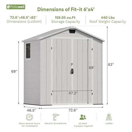 Patiowell 6 x 4 FT Plastic Outdoor Storage Shed with Floor, Resin Outside Tool Shed with Window and Lockable Door for Garden, Backyard