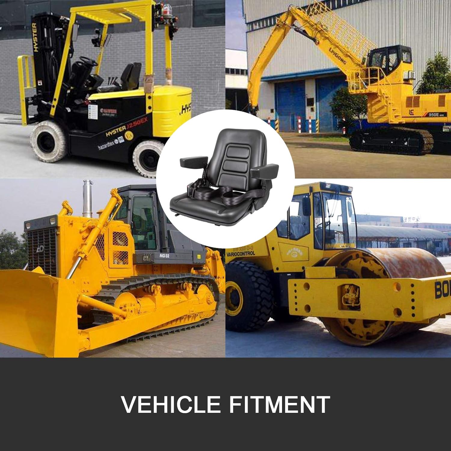 Bestauto Universal Fold Down Forklift Seat with Retractable Safety Belt, Armrest,Adjustable Seat for Excavator, Forklift, Tractor, Skid Loader