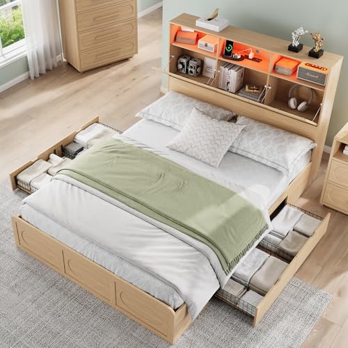 Queen Bed Frame with 47" Storage Headboard, Queen Size Wood Bed Frame with 4 Storage Drawers, Built-in Charging Station & LED, Solid Wood Slats
