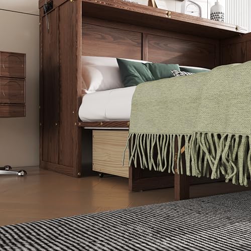 KEIKI Queen Size Cabinet Murphy Bed with Charging Station and Drawer, Multiple Storage Foldable Hideaway Wall Murphy Bed Frame with Solid Slat