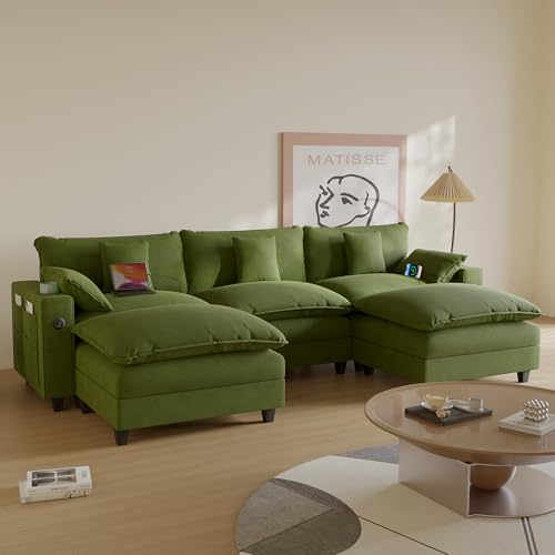 Modular Sectional Sofa, Cloud Couch with Ottoman, Charging Station, Throw Pillows, Cup Holders, Modern Convertible U Shaped Couches for Living Room
