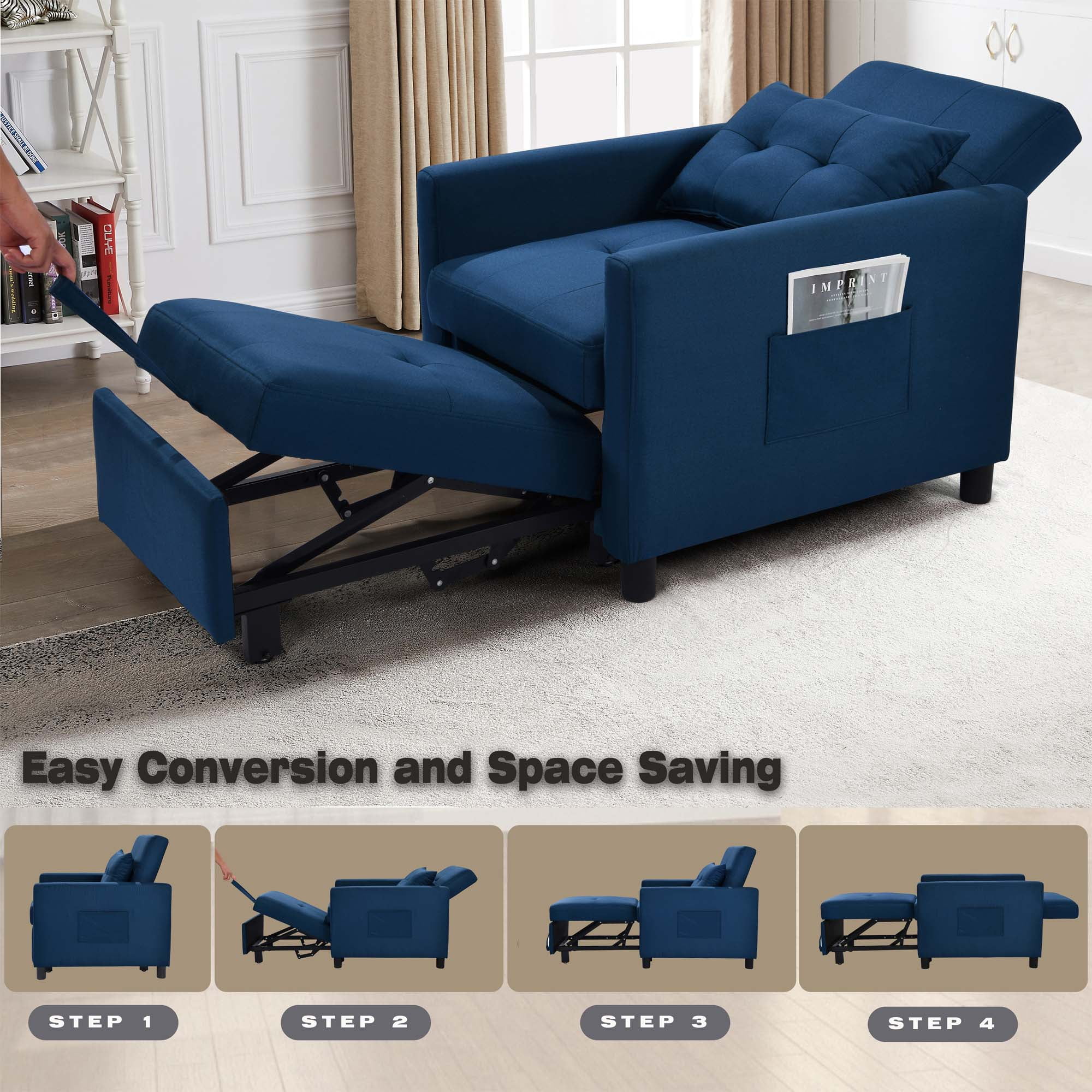Aukfa Single Sofa Bed with Pull Out Sleeper, Convertible Futon Chair with Pocket for Living Room/Small Space - Blue