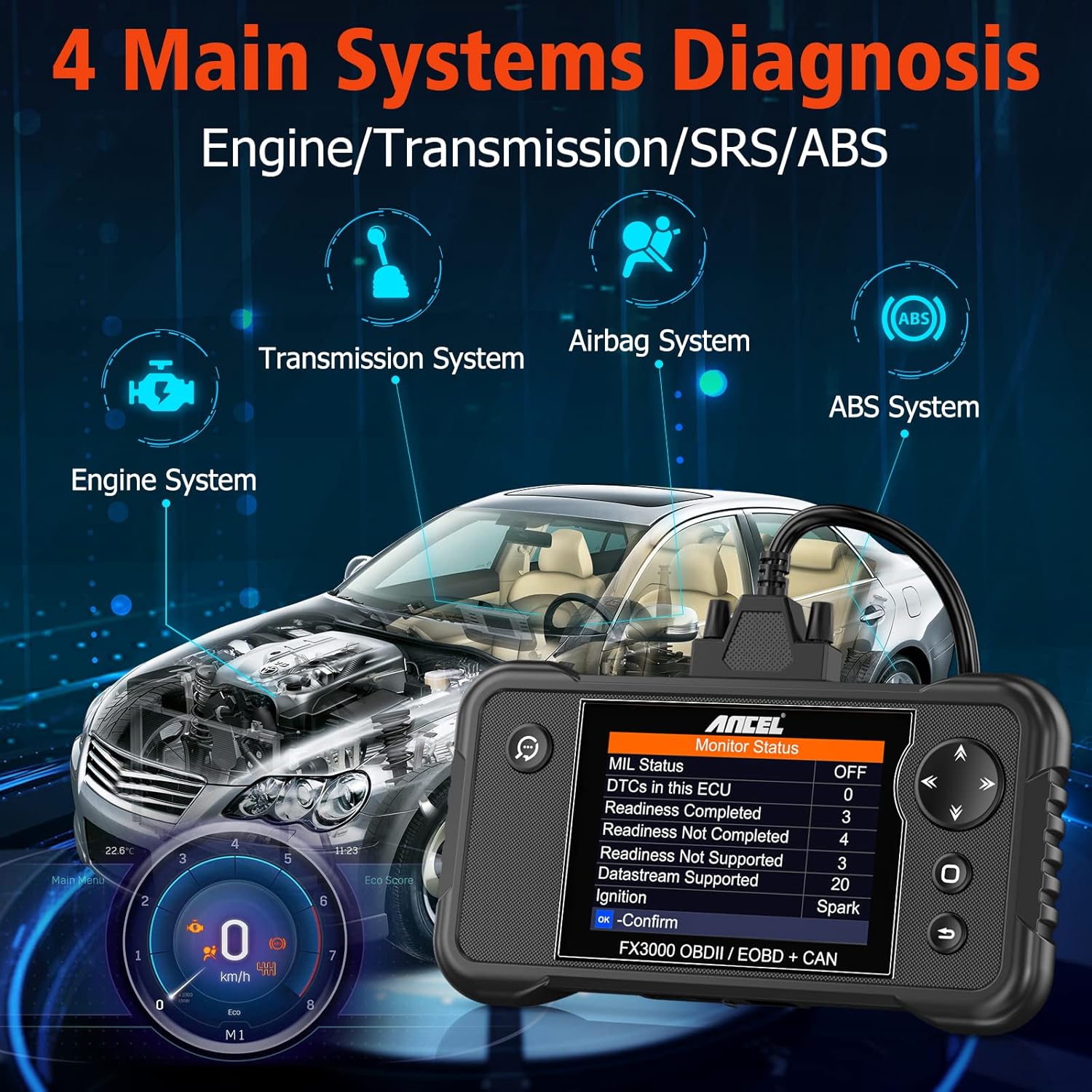 ANCEL FX3000 Upgraded OBDII Scanner, Vehicle Engine Transmission SRS ABS Diagnostic Scan Tool with Oil EPB SAS ABS BMS Reset