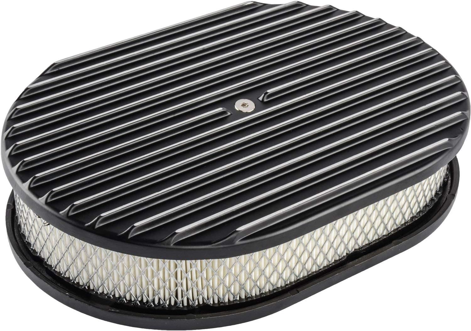 JEGS Finned Aluminum Air Cleaner | Oval 12” x 8 3/8 “ x 3” | Black Cast Aluminum Top | Fits 5 1/8 “ Diameter Neck