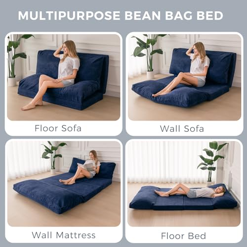 MAXYOYO Bean Bag Bed Folding Sofa Bed Floor Mattress for Adults, Extra Thick and Long Floor Sofa with Corded Washable Cover, Dark Grey, 30x95 Inch