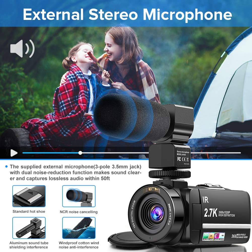 Video Camera Camcorder 2.7K Ultra HD YouTube Vlogging Camera 36MP IR Night Vision Digital Camera Recorder 16X Digital Zoom 3 inch IPS Touch Screen