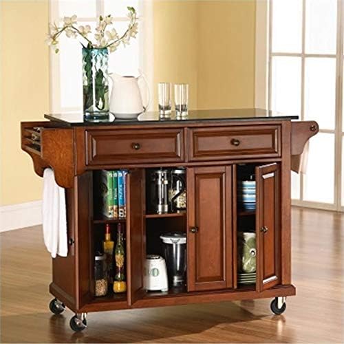 Pemberly Row Solid Black Granite Top Kitchen Cart in Classic Cherry