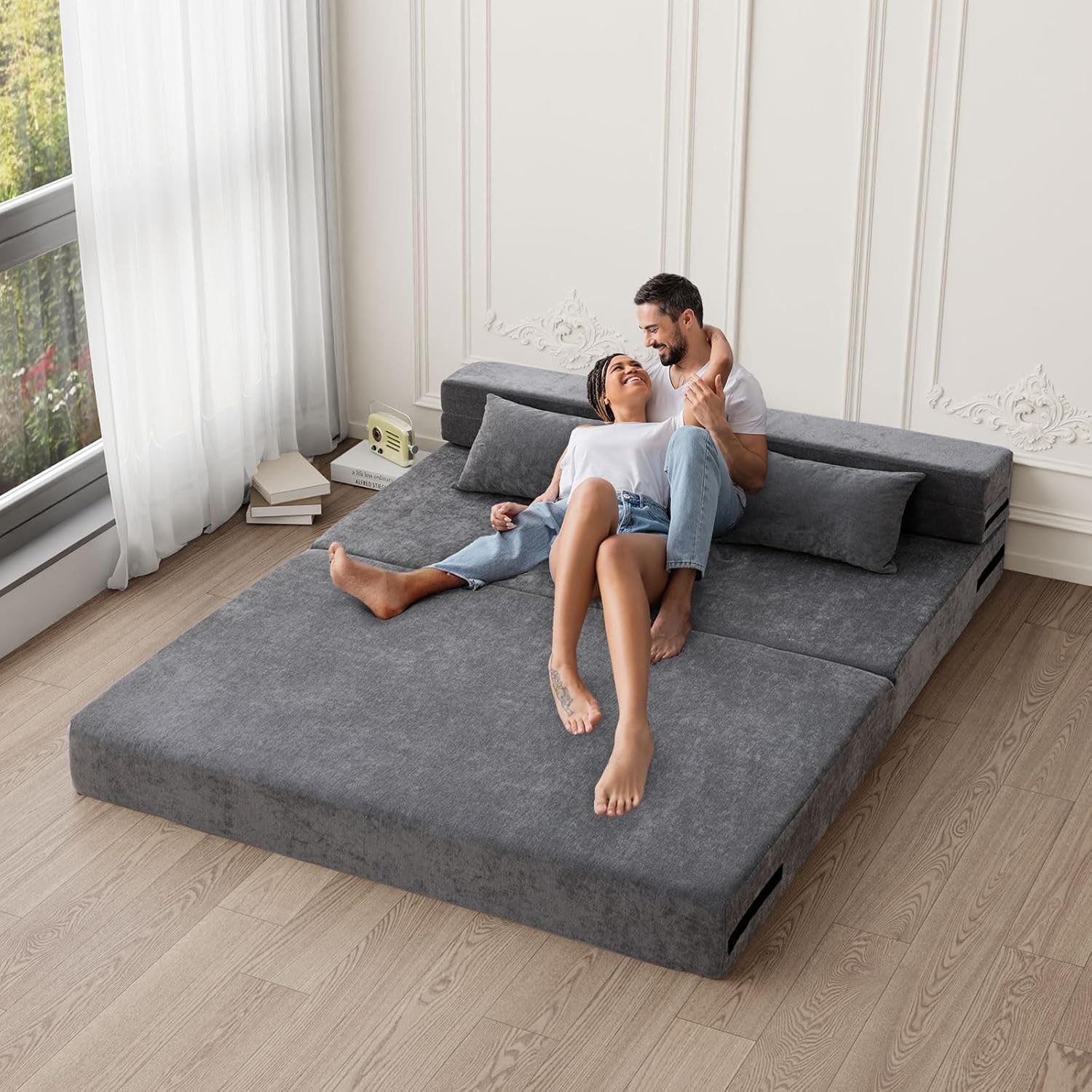 HOMFINE Folding Sofa Bed - Convertible Sleeper Chair with Pillow, Fold Out Couch, Memory Foam Floor Mattress, Futon Couch