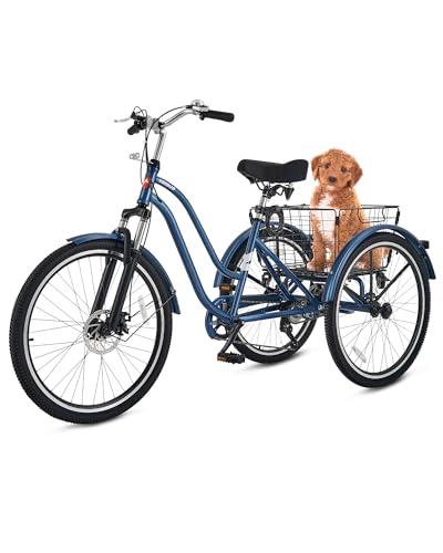 Viribus Adult Tricycle, Tricycle for Adults with Front Suspension and Removable Basket, 24 26 Inch 3 Wheel Bike for Adults 7 Speed Dual Chain